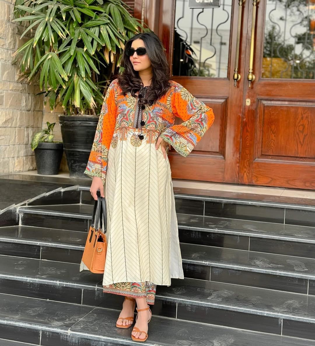 Elegant Orange & Beige Embroidered Lawn Suit – Traditional Pakistani Summer Wear for Women
