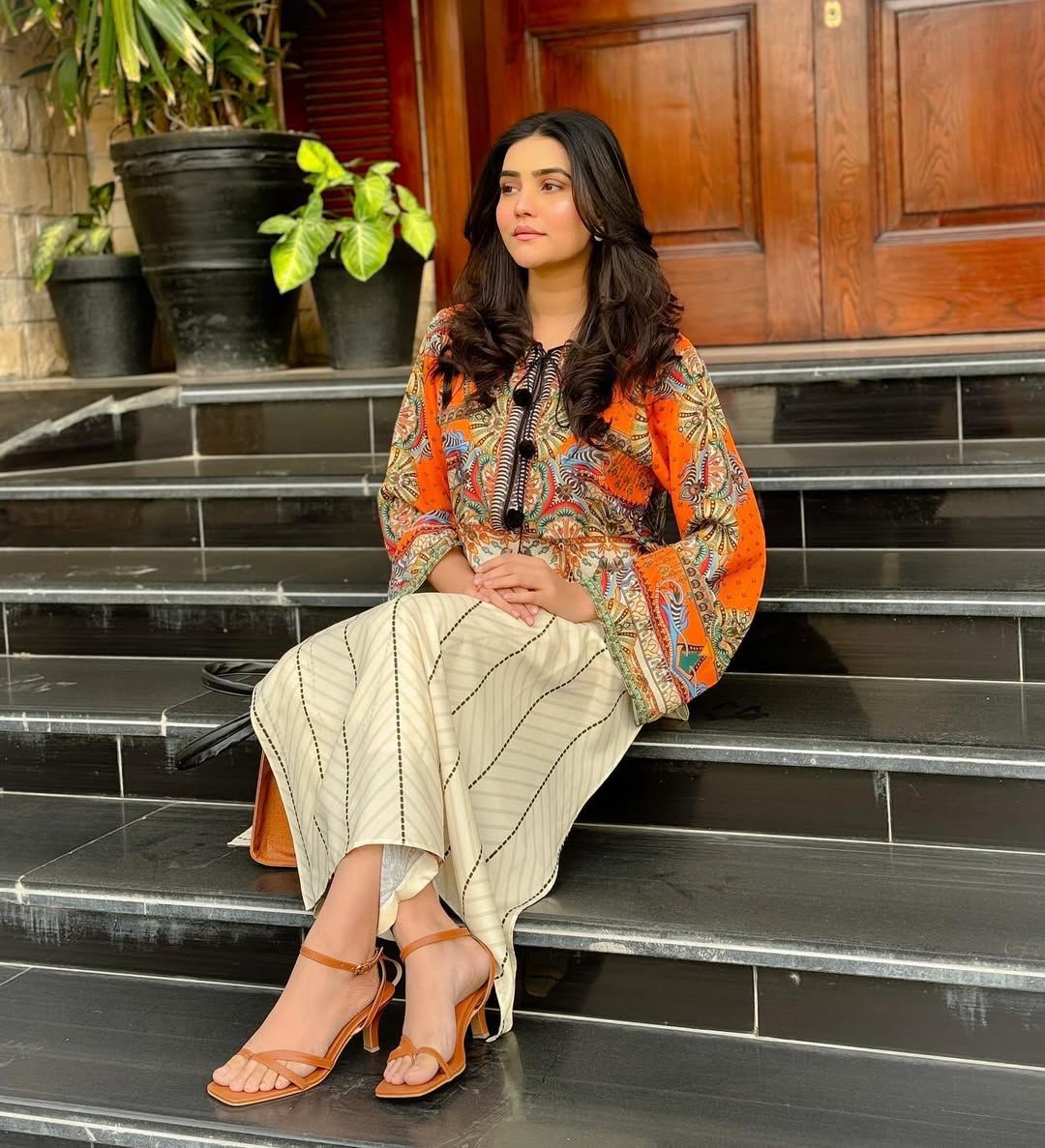 Elegant Orange & Beige Embroidered Lawn Suit – Traditional Pakistani Summer Wear for Women