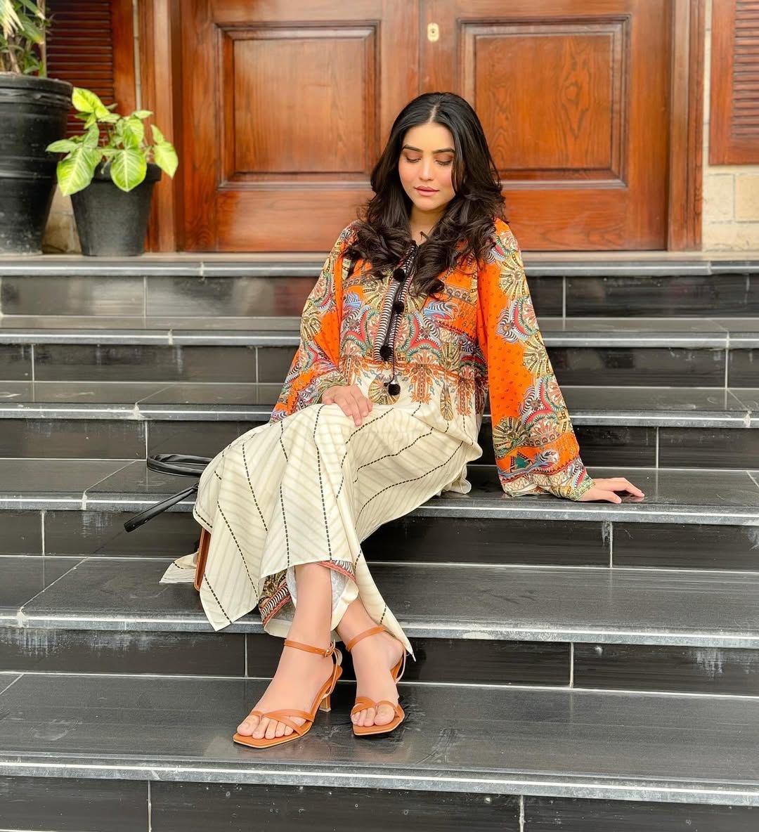 Elegant Orange & Beige Embroidered Lawn Suit – Traditional Pakistani Summer Wear for Women